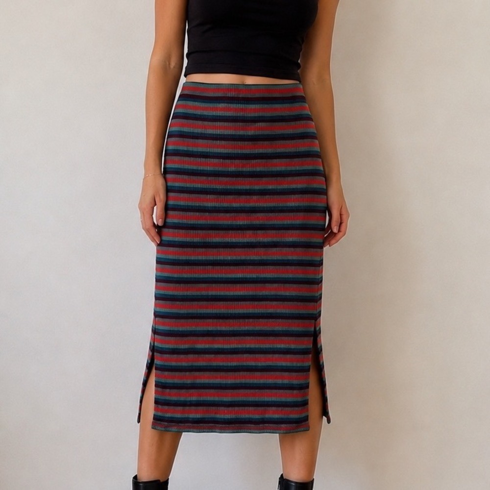 Orb Ribbed‎ Knit Midi Skirt Striped Side Slits Multicolor Medium Pencil Skirt